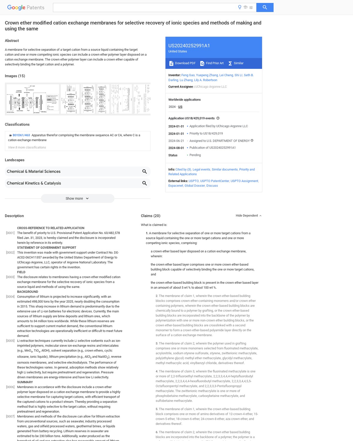 US 2024/0252991 A1 — Crown ether modified cation exchange membranes