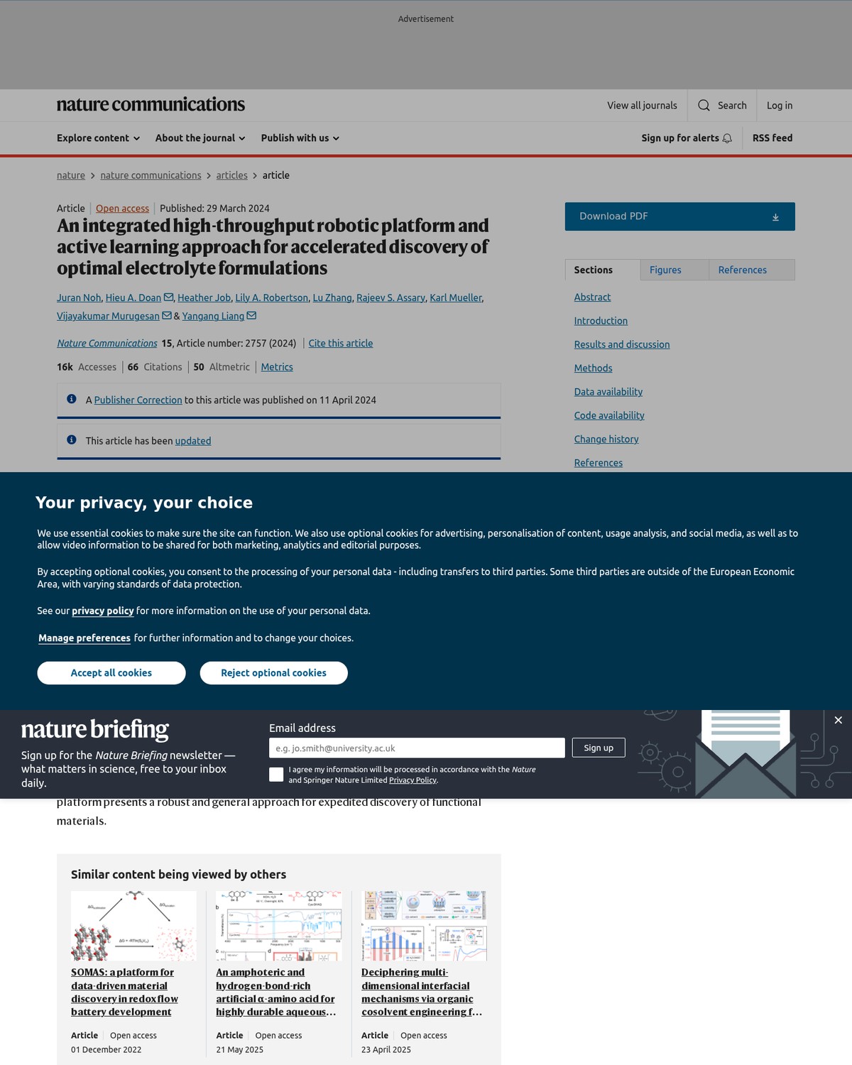 Nature Communications — high-throughput robotic platform + active learning for electrolyte discovery